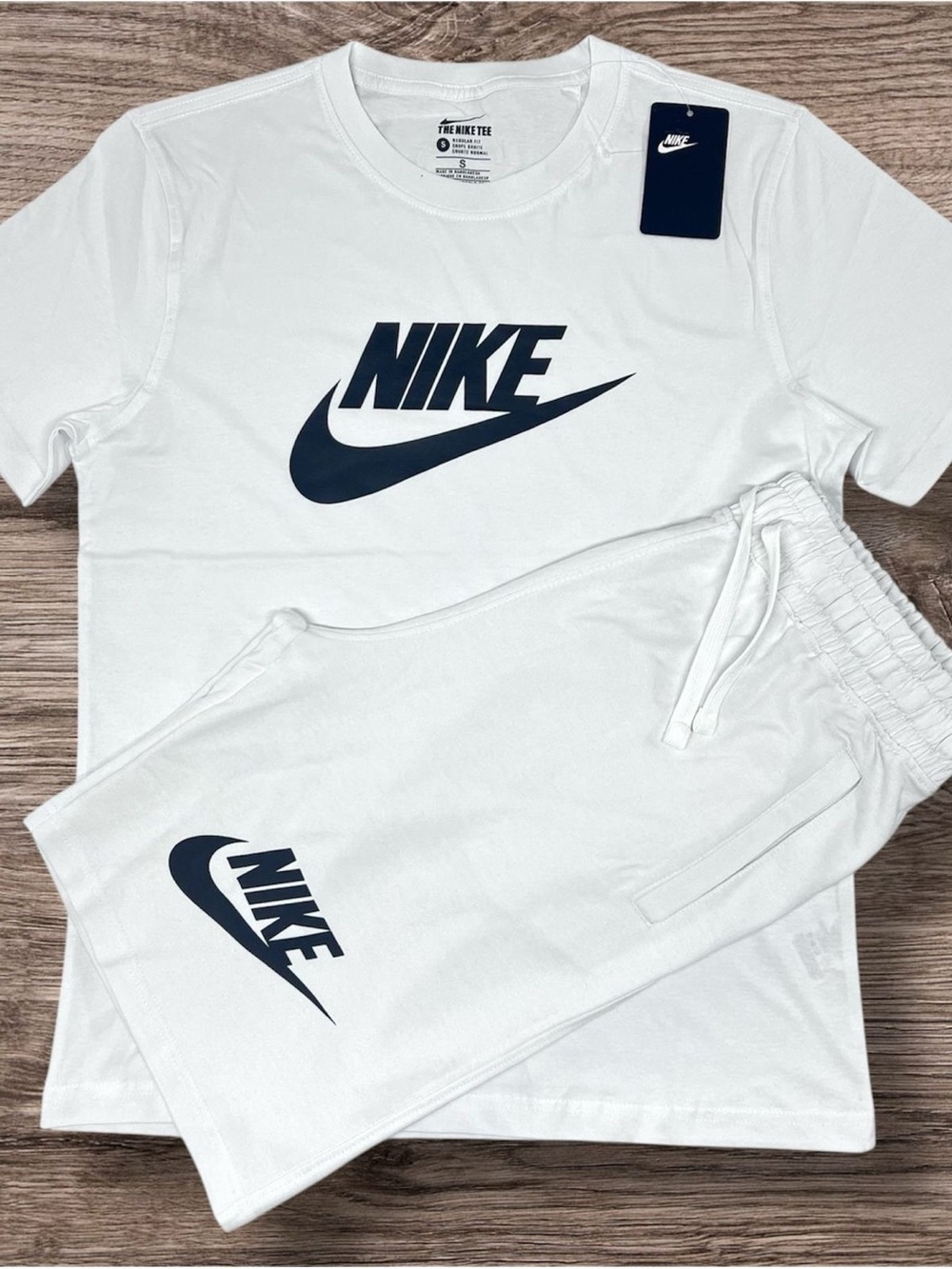 Nike White Tee and Shorts Set with Navy Swoosh